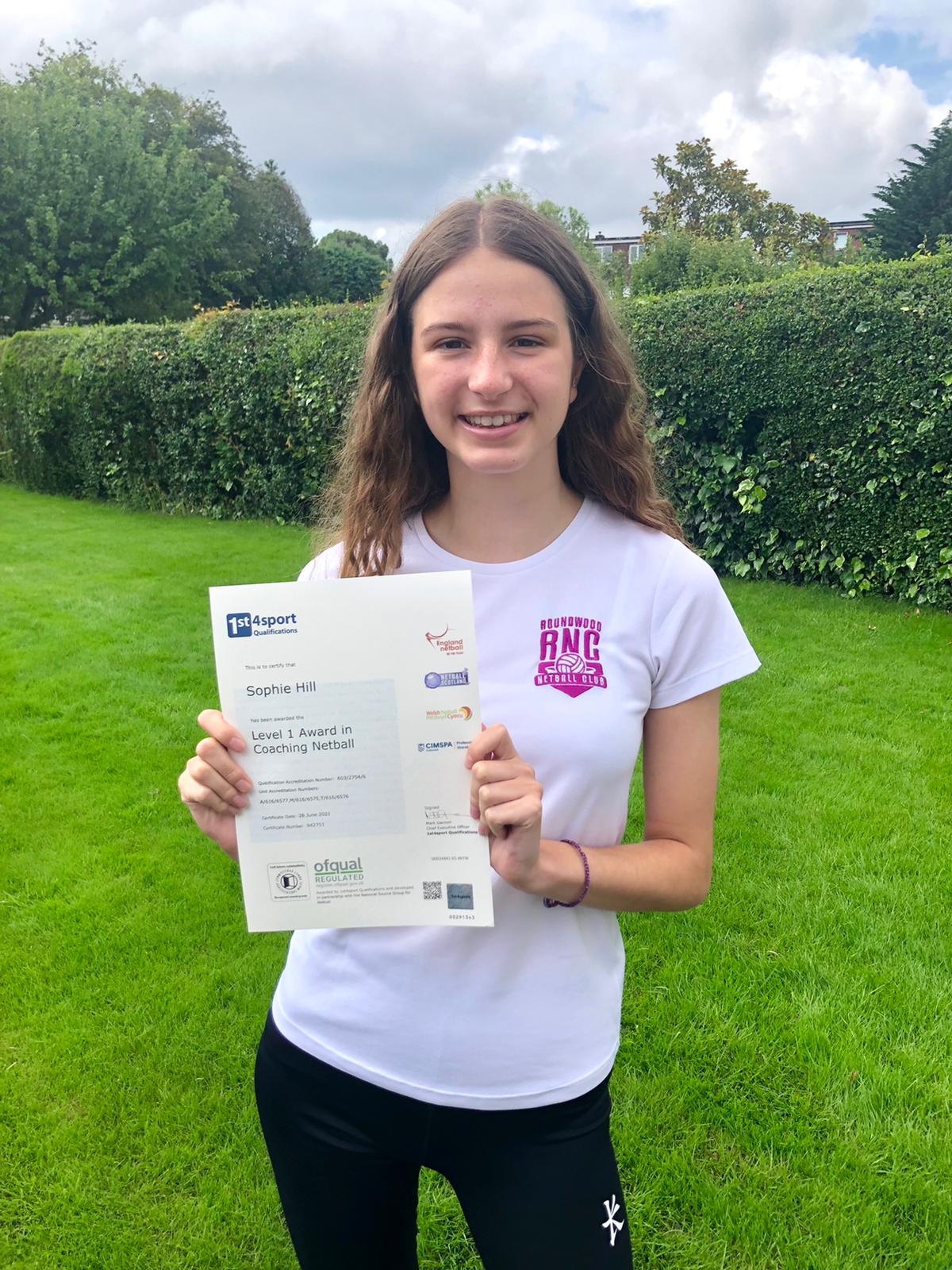 Congratulations to Sophie Hill on achieving her Level 1 Award